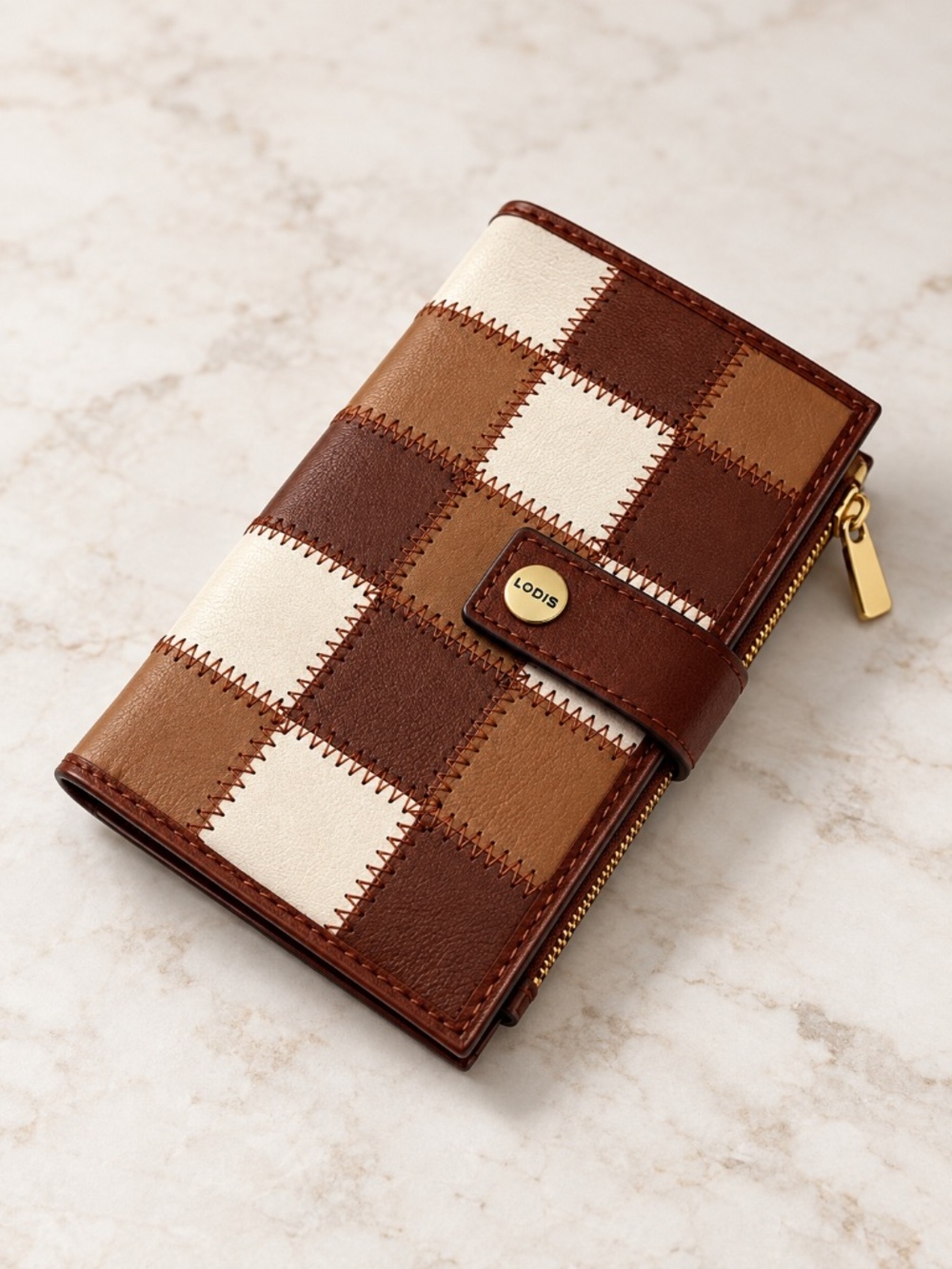 NWT Lodis Leather Patchwork Bifold Wallet Brown Tan Cream Snap Zip Pocket